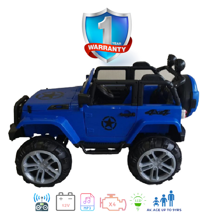 kids electric ride on car jeep sit in driving or remote controlled 12v batter operated jeep for children 4x4 blue exclusive brands online.co.za led lights hooter music bars windscreen mags