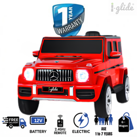 A red electric ride-on G-wagon toy car with Mercedes-Benz grille styling, shown on a white background with promotional badges and feature icons including '1 Year Warranty', 'Free Delivery', 'Battery', '2.4GHz Remote', 'Electric', 'Age 1 to 7 Years', and 'G-Wagon'.